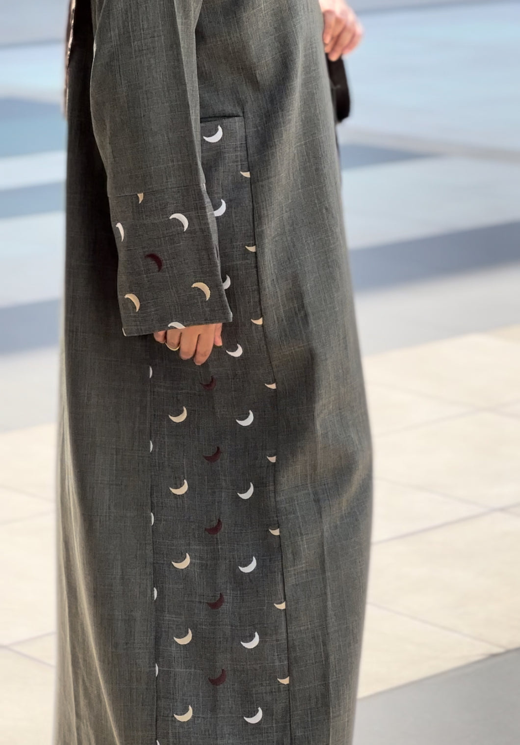 ZAYN's Grey Linen Abaya  with Beautiful Moon work