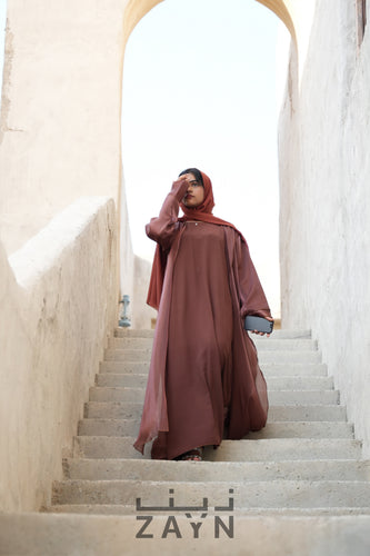 shop abaya online. modest classy stylish elegant abaya  in brown chocolate shade designed by zayn souq